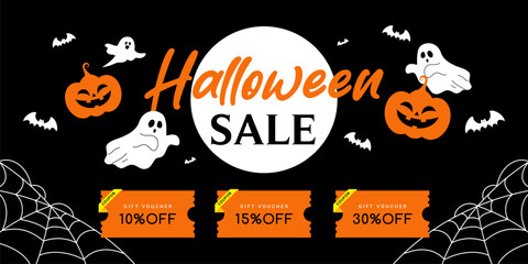 Halloween sale coupon banner design vector illustration. Spooky ghost with gift voucher
