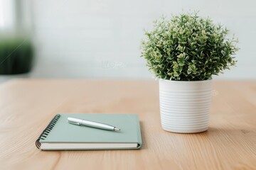 Notebook and pen, clean minimal setup, soft tones, wooden desk, natural light, Sony a7 III