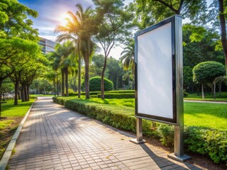 A pristine white blank billboard stands along a serene park sidewalk, surrounded by lush greenery, providing ample copy space for advertisements, text, or objects.