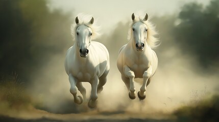 Obraz premium White Horses Galloping Through Dust: A pair of majestic white horses race through a field, kicking up dust in their wake. Their powerful strides and flowing manes capture the essence of freedom