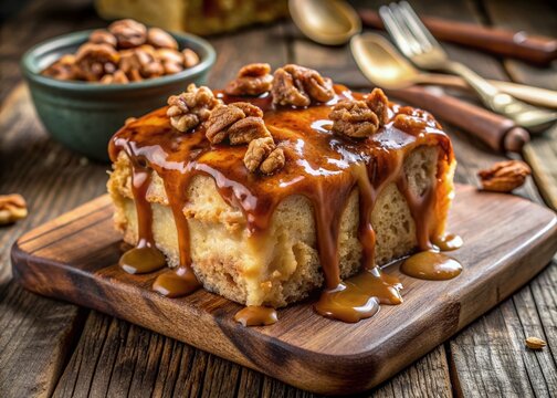 Richly textured bread pudding topped with crunchy walnuts and drizzled with velvety caramel sauce, fresh from the oven, on a rustic wooden table setting.