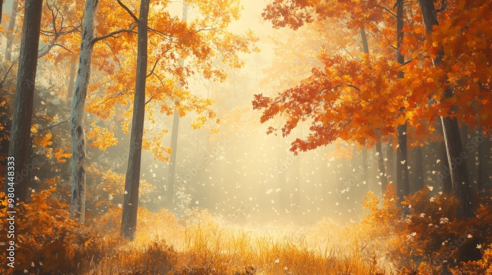 Poster sunlight filters through vibrant orange and yellow leaves, casting a warm glow on a tranquil forest 