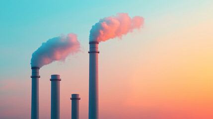 Industrial smokestacks emit vapor against a colorful sunset sky, illustrating the impact of manufacturing on the environment.