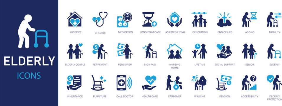 Elderly flat icons set. Pensioner, ageing, senior, checkup, health care, lifetime icons and more signs. Flat icon collection