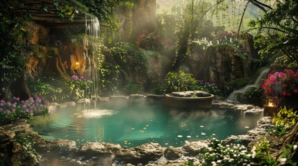 Fototapeta premium Enchanting hot spring pools surrounded by rocks and ivy with a gentle waterfall in a hidden paradise