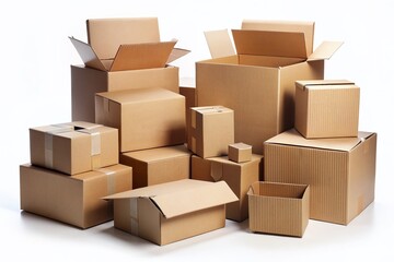 Fototapeta premium Assorted cardboard boxes of various sizes, shapes, and corrugations, empty and open, isolated on a pure white background, ready for product placement and customization.