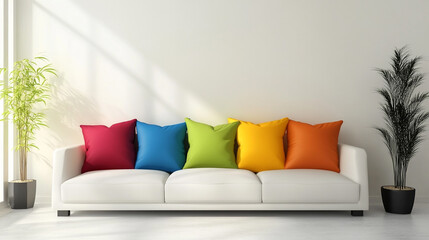 colorful pillows on modern sofa in living room, Interior living room wall with leather sofa and on white background, 