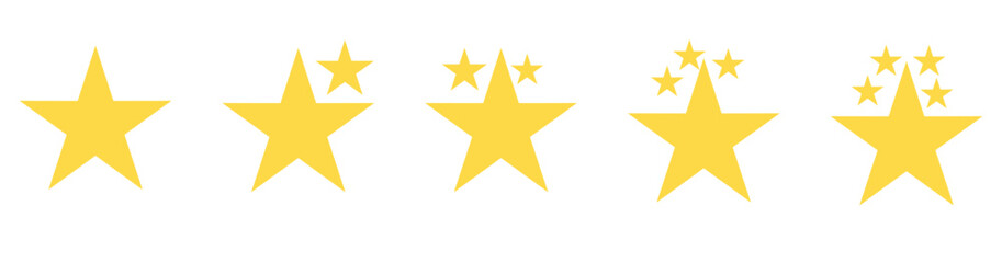 Quality rating symbols. Set of five-pointed yellow stars with shadow isolated on transparent background. Vector