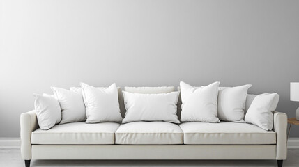 Obraz premium white sofa with many white pillows background.
