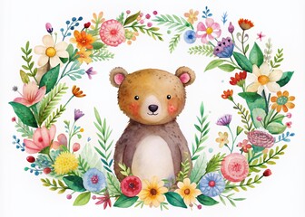 Fototapeta premium Delicate hand-painted watercolor floral wreath featuring a woodland bear surrounded by colorful drawn flowers, ideal for a whimsical children's birthday invitation or card.