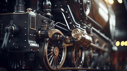 Fototapeta premium Close-up of a vintage steam locomotive's metal wheels and mechanical components, showcasing intricate details in an industrial setting.
