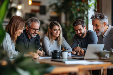 A team of financial planners gathered around table, discussing portfolio strategies