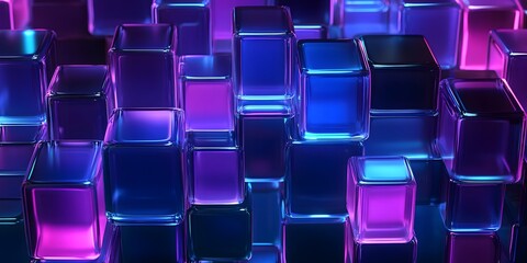 Fototapeta premium 3D render, abstract geometric background with blue and purple glass squares cube