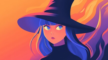 A haunting female demon in flames, adjusting a coneshaped hat with fiery eyes, brings a thrilling twist to the night.