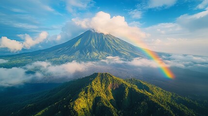 Fototapeta premium Majestic Volcano Peak with Rainbow and Clouds