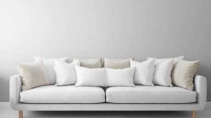 Scandinavian style living room with sofa and tea table. Minimalist living room design, Minimalist living room interior with beige sofa and white wall