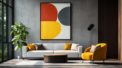 Living room - on the wall empty picture frames, Scandinavian interior design with 3 blank picture frames - Generative AI.