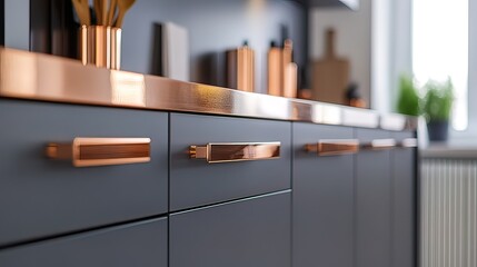 Close Up of Modern Kitchen Cabinetry with Copper Accents