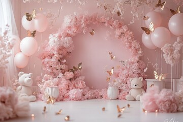 A pink room with a pink archway and pink balloons