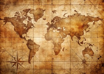 Fototapeta premium Distressed vintage sea map background featuring faded navigational markings and worn creases on a warm, abstract brown texture, evoking nostalgic travel adventures.