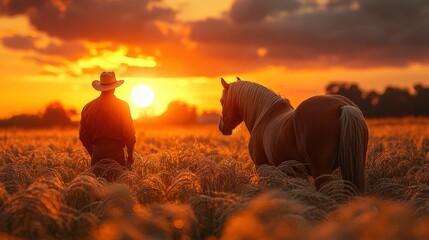 Cowboy and Horse at Sunset in a Field of Wheat