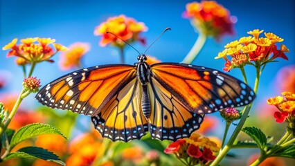 Vibrant monarch butterfly perches on delicate lantana blooms, basking in warm sunlight, its orange and black wings glisten against a bright blue summer sky.