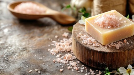 Luxurious homemade soap bar with pink Himalayan salt crystals on a rustic wooden board, offering spa-like serenity.