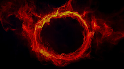 Red smoke ring on a black background, a fiery red abstract effect.