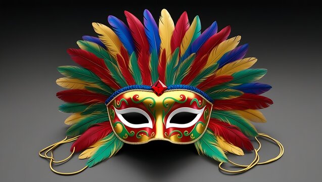Colorful masquerade mask with gold, green, and red patterns, adorned with vibrant feathers, perfect for festive events, costume parties, or themed decor.