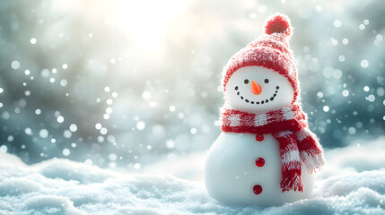 Merry christmas and happy new year greeting card with copy-space.Happy snowman standing in christmas landscape.Snow background.Winter fairytale