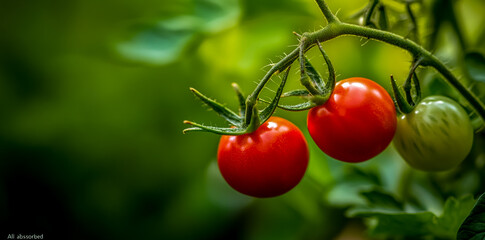 Ripe tomatoes on the plant in the garden, close-up. Crimson and green colors.