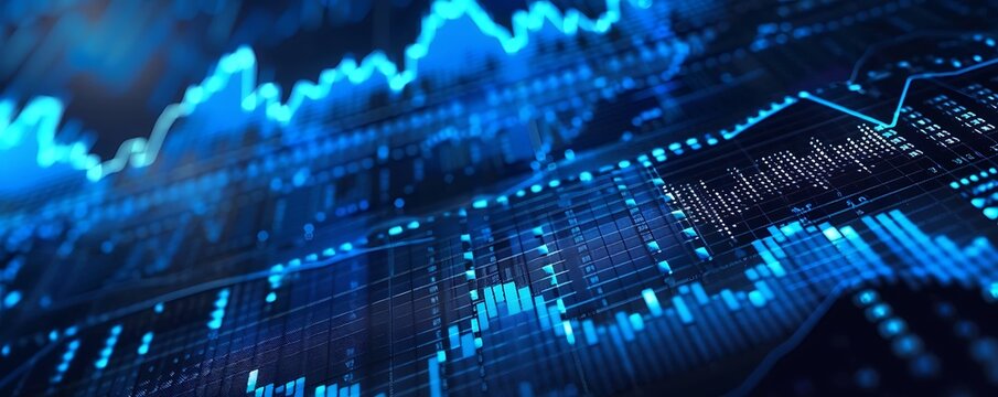 Dynamic stock market charts with blue overlays, data-centric