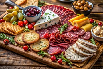 Vibrant close-up of a bountiful charcuterie board featuring cured meats, artisanal cheeses, crackers, and garnishes on a rustic dinner table with ample copy space.