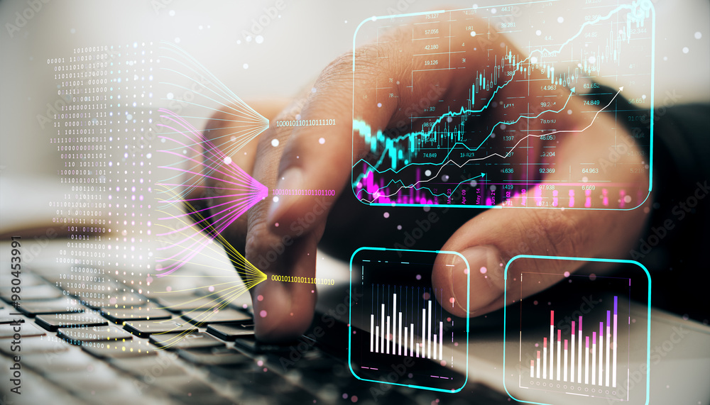 Aufkleber Close up of male hands using keyboard with creative glowing business chart and ai binary code nodes on blurry background. Virtual marketing and finance concept. Double exposure.