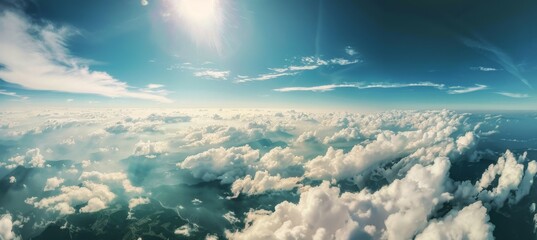 Natural scenery, beautiful sky, epic clouds, bird eye view, wide angle. Copy space.