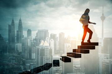 Side view of woman climbing stairs on abstract city background with mock up place. Career, success and difficulty background. Double exposure.