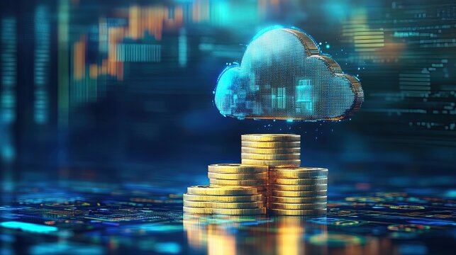 Elevate Your Space: A Futuristic Digital Cloud Over Gold Coins - Perfect Poster for Cryptocurrency Enthusiasts and Tech-Savvy Interiors with a Cool Blue-Green Vibe!