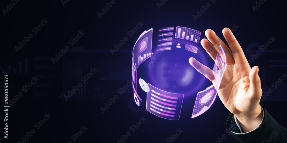 Poster Close up of man hand using glowing round business graph hologram on dark background with mock up place. Financial growth, analysis and report concept.