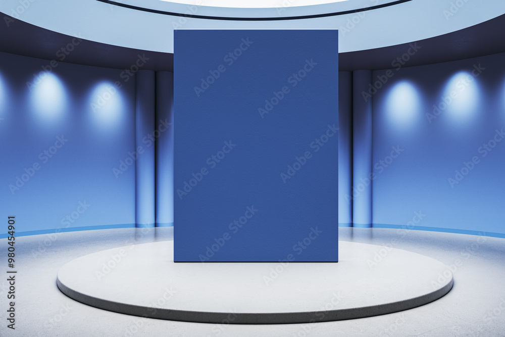 Poster futuristic blue interior with round pedestal and empty mock up poster. 3d rendering.