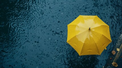 Top view of a man holding an umbrella with rain splashing on it. Bright colour. Melancholic background. Copy space.