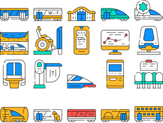 Railroad Transport Collection Icons Set Vector. Train Wagon Restaurant And Carriage, Hyperloop And Maglev, Railroad Limiter And Railway Station color Contour Illustrations