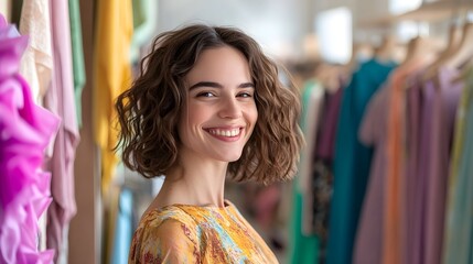 Smiling Woman in Floral Dress, Fashion Studio, Soft Light