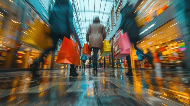 Excited shoppers walk through a vibrant shopping mall with colorful bags on a busy day