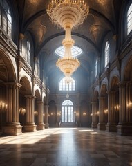 Obraz premium Grand hall with chandeliers and stone pillars