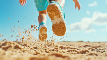 A joyful child skips along a sandy beach, capturing the essence of innocence and playfulness in vibrant detail.