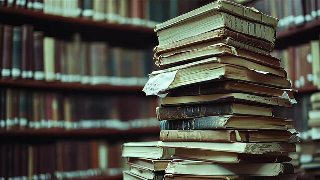 A stack of books and documents on a table in a library