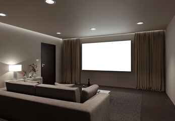 3d render screen mockup cozy minimalist movie room