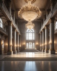 Grand hall with chandeliers and stone pillars