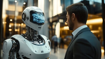 A robot on the streets of a big city among people. Artificial intelligence in modern lifestyle.