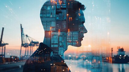 Double exposure Businessman utilizes blockchain technology for secure and transparent cargo documentation.